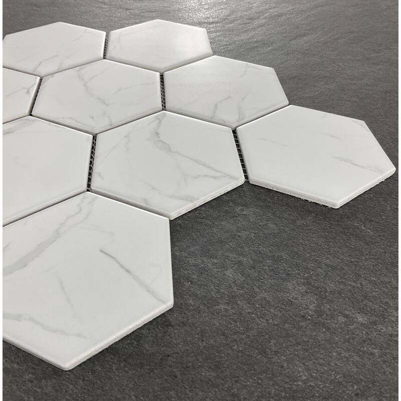 Porcelain Mosaic Tiles White 4" Hexagon Mosaic Tiles Bed Bath